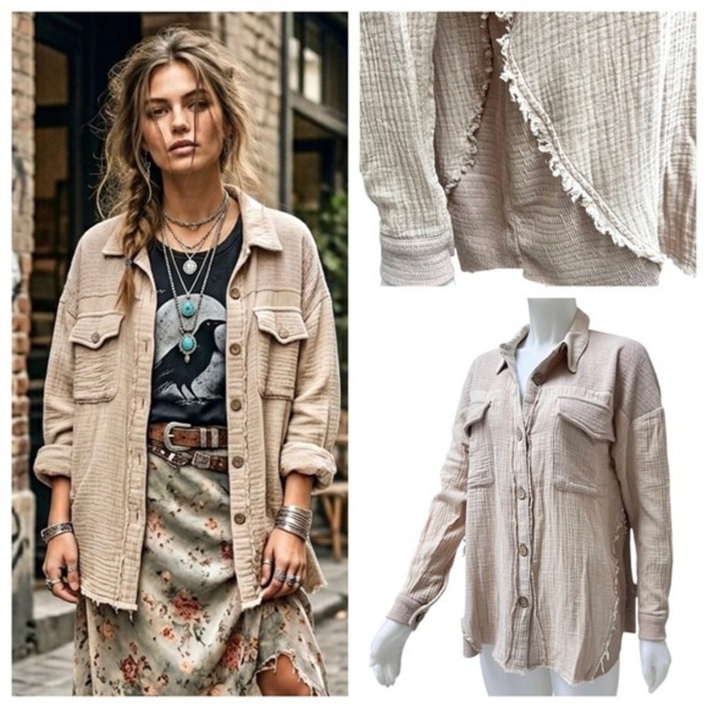 New Gauze Shacket Raw Hem Oversized Boho‎ Shaket Grunge Beige S Cottagecore NWT